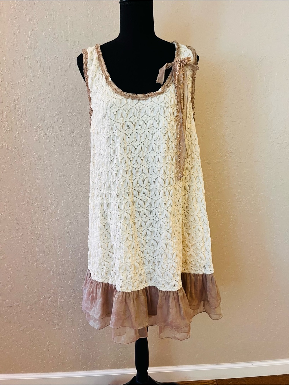 A'Reve Cream Lace Dress with Taupe Ruffle